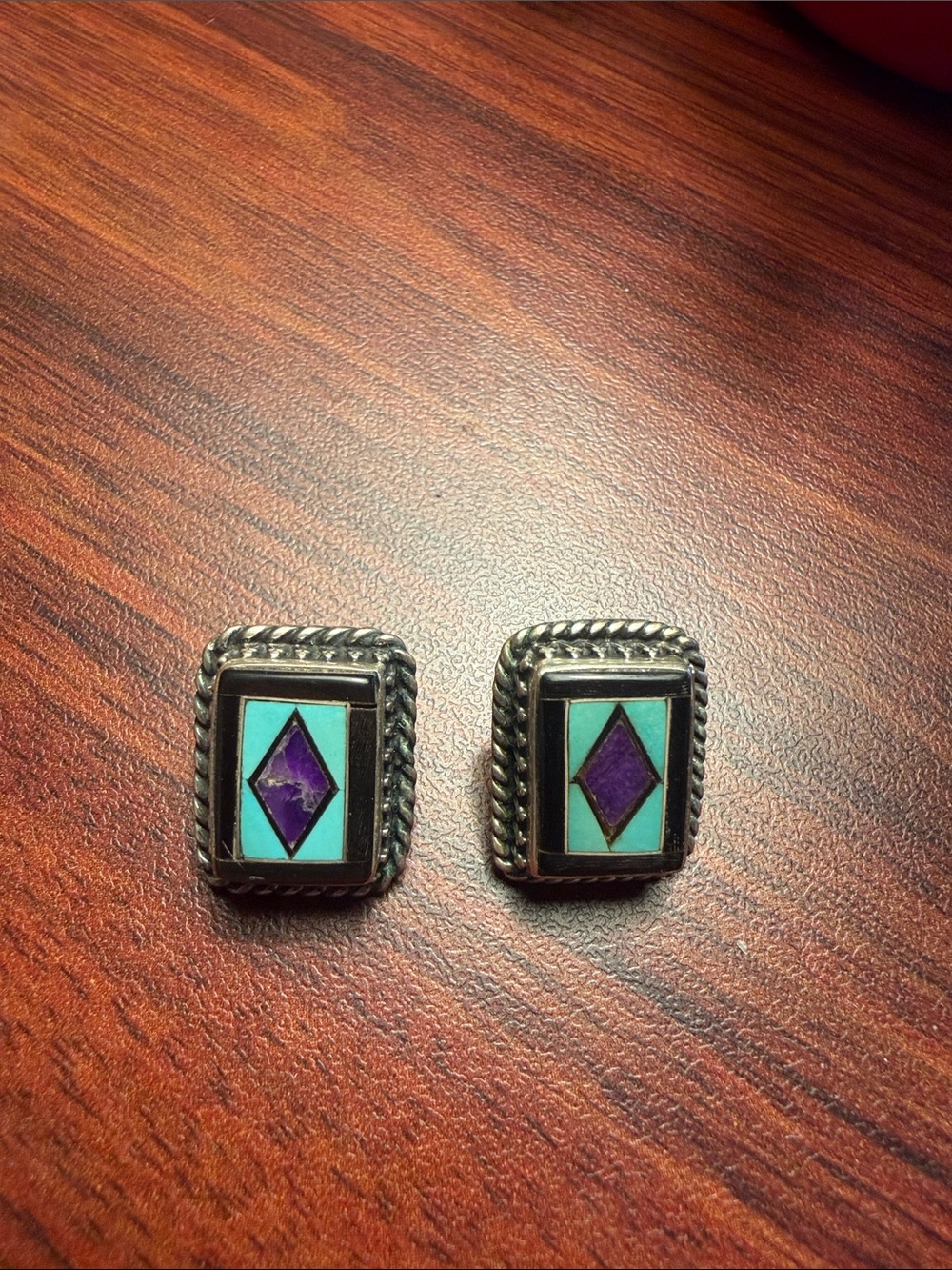 Turquoise and Purple Inlay Rectangle Earrings with Silver-Tone Frame
